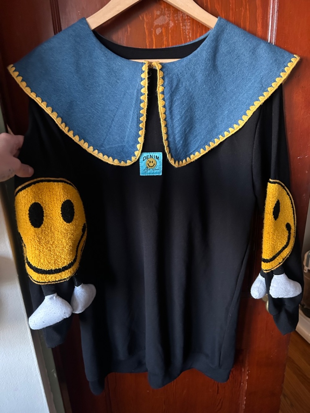 Vintage Black Sweater with Denim Collar and Yellow Smiley Face Accents